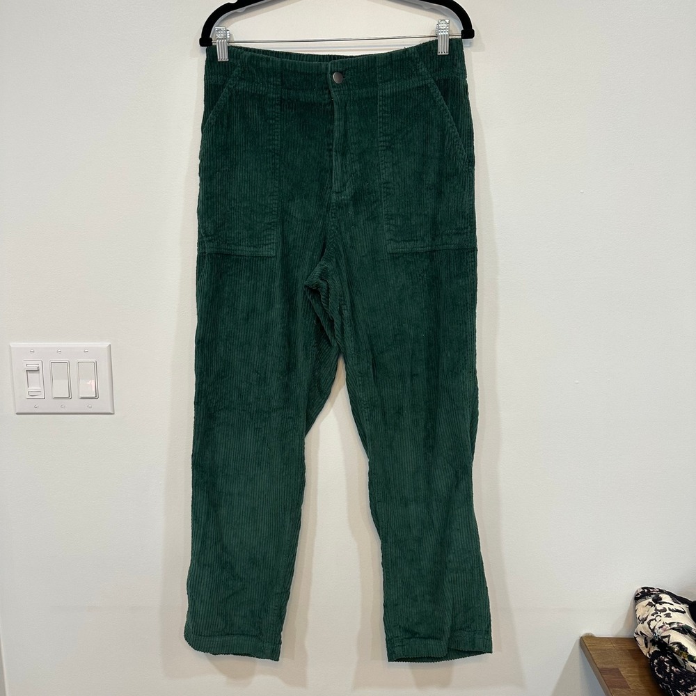 PACT Womens Corduroy Pants Large Gree Taper Organic Cotton Bright Elastic Waist